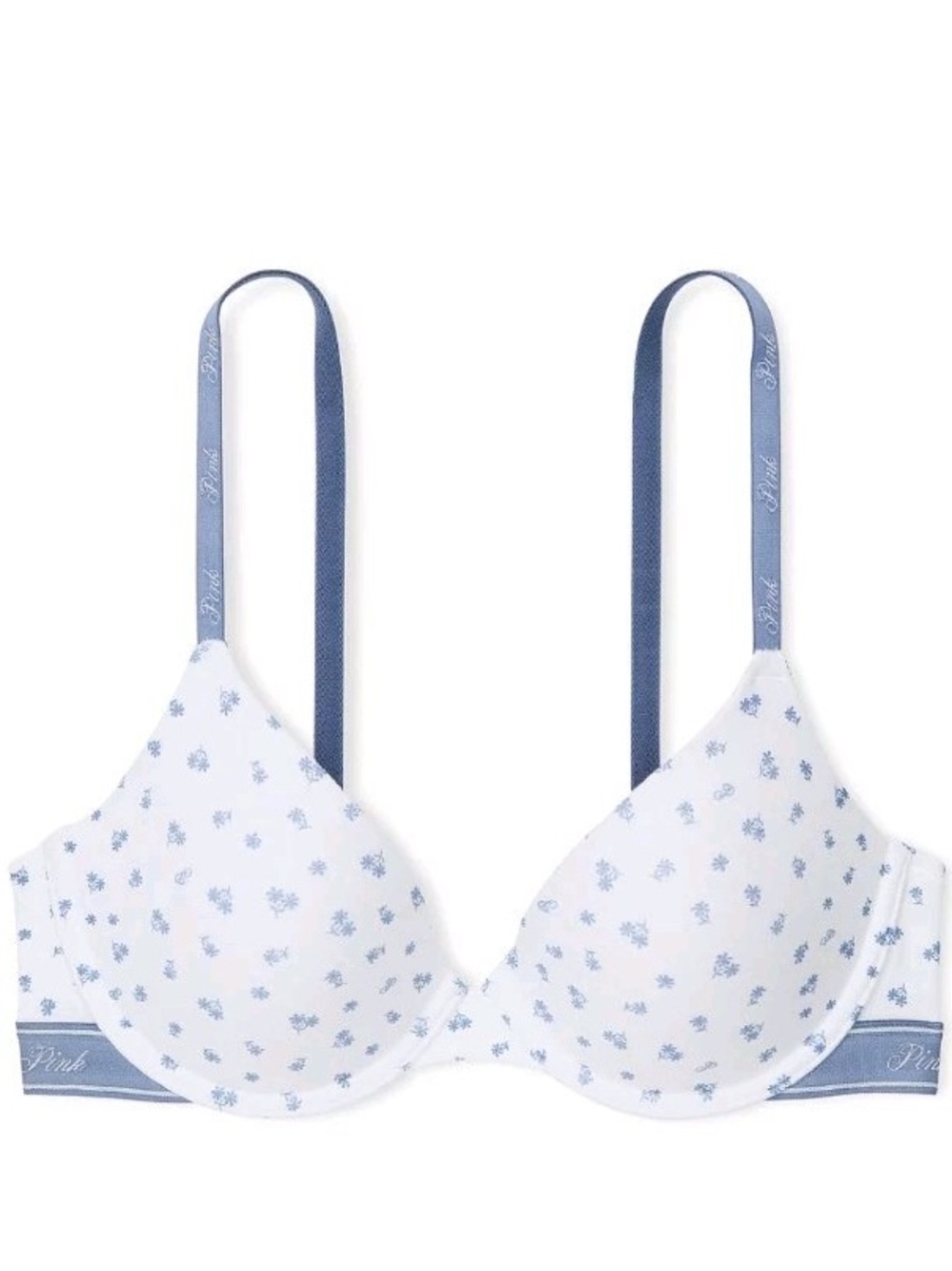 PINK Victoria's Secret White Bra with Light Blue Floral Print